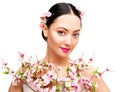 Woman Beauty Makeup in Sakura Flowers, Fashion Model Studio Portrait, Beautiful Girl, Whte Royalty Free Stock Photo