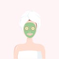 Woman with Beauty Mask on the Face with Towel on Head. Matcha, Avocado, Green Tea, Cucumber Facial Treatment. Vector Illustration