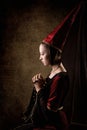 Woman Beauty in Middle Ages, Praying Young Girl in Medieval Cone Hat, Old History Portrait