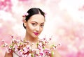 Woman Beauty Pink Flowers, Asian Fashion Model Girl Royalty Free Stock Photo