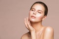 Woman Beauty Portrait, Beautiful Model Touching Neck by Hand, Skin Care and Treatment Royalty Free Stock Photo