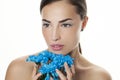 Woman beauty portrait with blue flowers