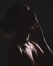 Woman beauty silhouette, face and dark, sexy with cosmetics and seductive fantasy with mysterious aesthetic. Female