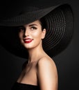 Woman Beauty in Wide Broad Brim Hat, Smiling Beautiful Fashion Model in Black Royalty Free Stock Photo