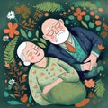 woman man bed asleep together couple retired happy flowers husband old love. Generative AI.