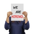Woman behind hiring banner isolated Royalty Free Stock Photo