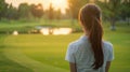 Woman from behind looking at a sunset over a golf course. Royalty Free Stock Photo