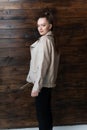 woman stylish leather fashion beauty model portrait female beige style young jacket