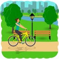 Woman on Bicycle on City street. Cyclist in the city. Flat illustration.