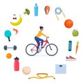 Woman on bicycle. Girl does sports. Icons of healthy food, vegetables and sports equipment for different sports around her. Royalty Free Stock Photo