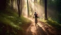 forest woman bicycle summer bike walking dark sunset cycling sport helmet. Generative AI.