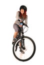 Woman bicyclist isolated on white.