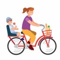 Woman on bicyle with her child going to school flat illustration vector