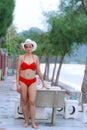 Woman big breast pretty with red bikini and hat on beach Royalty Free Stock Photo