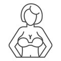 Woman with big breasts thin line icon. Female figure outline style pictogram on white background. Woman breast in a bra Royalty Free Stock Photo