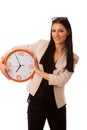 Woman with big clock smiling prepared on time. Royalty Free Stock Photo