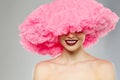 Woman Big Hat and Lips. Model wearing Fabric with lace ruffles hat. High Fashion Model fabric crown or hairstyle