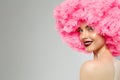 Woman Big Hat and Lips. Model wearing Fabric with lace ruffles hat. High Fashion Model fabric crown or hairstyle