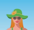 Woman with big red sun hat and sunglasses. Vector illustration.