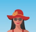 Woman with big red sun hat and sunglasses. Vector illustration. Royalty Free Stock Photo