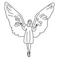 Woman with big wing on her back vector illustration sketch doodle hand drawn with black lines isolated on white background