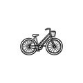 Woman bike with basket hand drawn outline doodle icon.