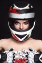 Woman in biker helmet