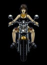 Woman Biker Riding the Old Motorcycle in front View Angle Royalty Free Stock Photo