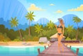 Woman In Bikini On Beach Over Bungalow House, Girl Wear Hat On Summer Sea Vacation Royalty Free Stock Photo