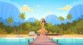 Woman In Bikini On Beach Over Bungalow House, Girl Wear Hat On Summer Sea Vacation Royalty Free Stock Photo