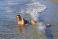 Woman and bikini blue beautiful play wave at beach