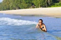 Woman with bikini blue play blue water at beach