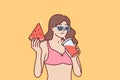 Woman in bikini drinks fruit smoothie and eats watermelon relaxing on beach or pool party