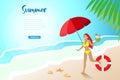 Woman in bikini enjoy summer on beach with coconut drink. Holiday vacation, tropical destination trip, banner template in hello