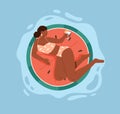 Woman in bikini floating on rubber ring in pool, relaxing with summer cocktail. Happy person swimming on inflatable Royalty Free Stock Photo