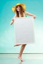 Woman In Bikini Holds Blank Presentation Board.