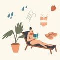 Woman in Bikini Sitting on Deck Chair at Pool or Beach Read Interesting Book. Female Character Bookworm