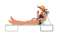 Woman in Bikini Sitting on Deck Chair at Poolside or Beach Drinking Cocktail. Female Character Spend Time Outdoors Royalty Free Stock Photo