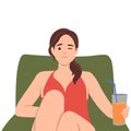 Woman in Bikini Sitting on Deck Chair at Poolside or Beach Drinking Cocktail. Female Character Spend Time Outdoor on Exotic Resort