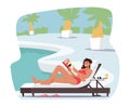 Woman in Bikini Sitting on Deck Chair at Poolside or Beach Read Interesting Book. Female Character Spend Time Outdoor