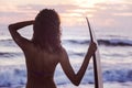 Woman Bikini Surfer & Surfboard Sunset Beach Royalty Free Stock Photo