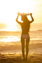 Woman Bikini Surfer & Surfboard Sunset Beach