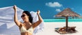 woman in bikini swimsuit with pareo on beach Royalty Free Stock Photo