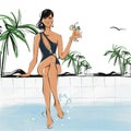 Woman bikini swimsuit swimming pool relax drink coctail