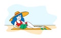 Woman in Bikini and Tropical Hat Lying on Sandy Beach Read Interesting Book. Female Character Bookworm