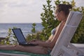 Woman in bikinis with laptop Royalty Free Stock Photo