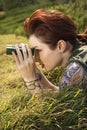 Woman with binoculars Royalty Free Stock Photo