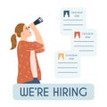 Woman with binoculars searching for new employee, work candidates, hired workers. We re hiring concept, job offer