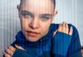 Woman with bionic cyborg eye fantasy future high tech image with data stream