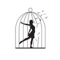 Woman and birds steps out of the cage. Mental Health Awareness. Psychology illustration Royalty Free Stock Photo